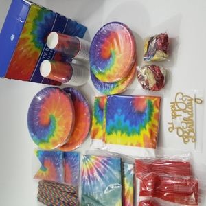 2 Boxed Tie Dye Birthday Party Sets 16pc Set each only missing 1 Cake Topper